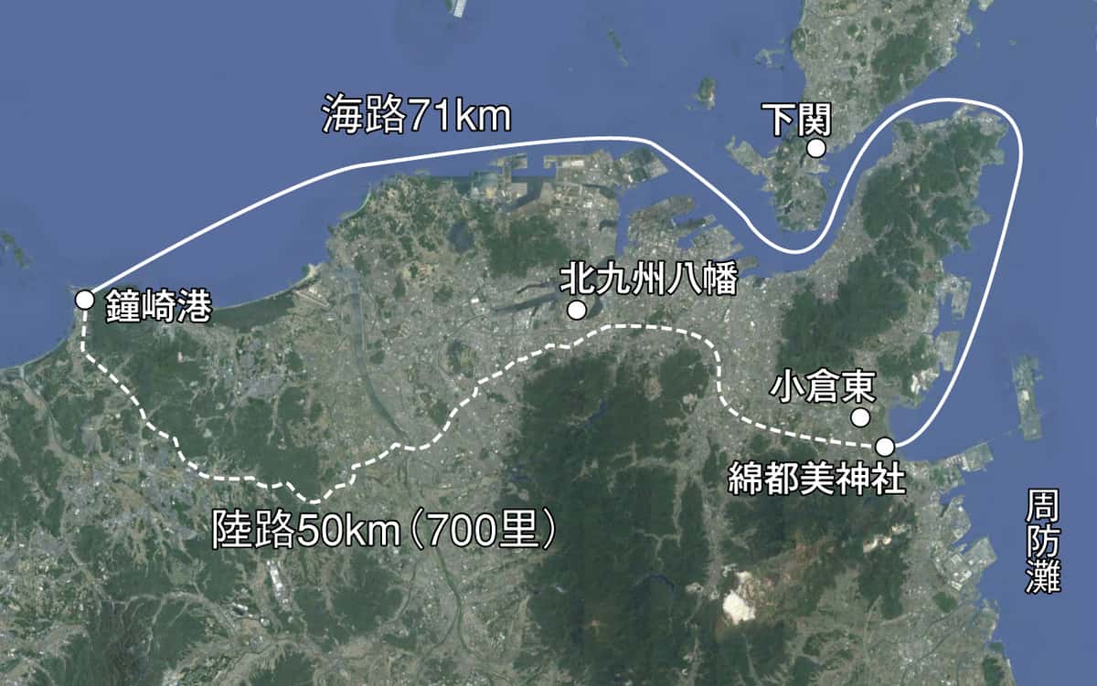 鐘崎港から北九州東海岸へ向かうルート