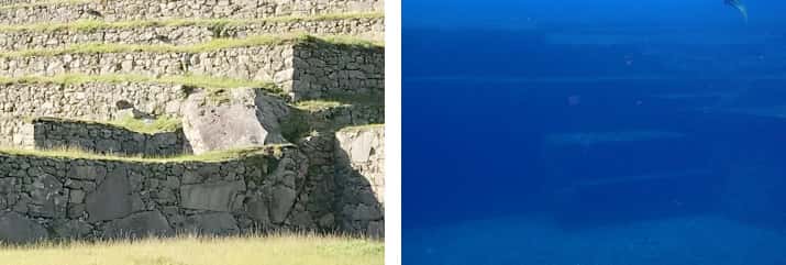 マチュピチュの石段の壁が海底遺跡の広場にある階段のコーナーに類似
