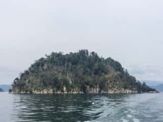 湖面から突き出す岸壁に囲まれた竹生島
